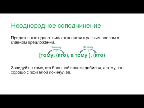 Неоднородное соподчинение Придаточные одного вида относятся к разным словам в