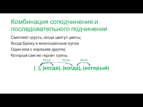 Комбинация соподчинения и последовательного подчинения Светлеет грусть, когда цветут цветы,