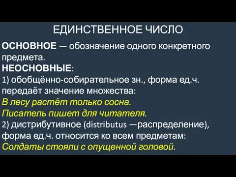 ЕДИНСТВЕННОЕ ЧИСЛО ОСНОВНОЕ — обозначение одного конкретного предмета. НЕОСНОВНЫЕ: 1)