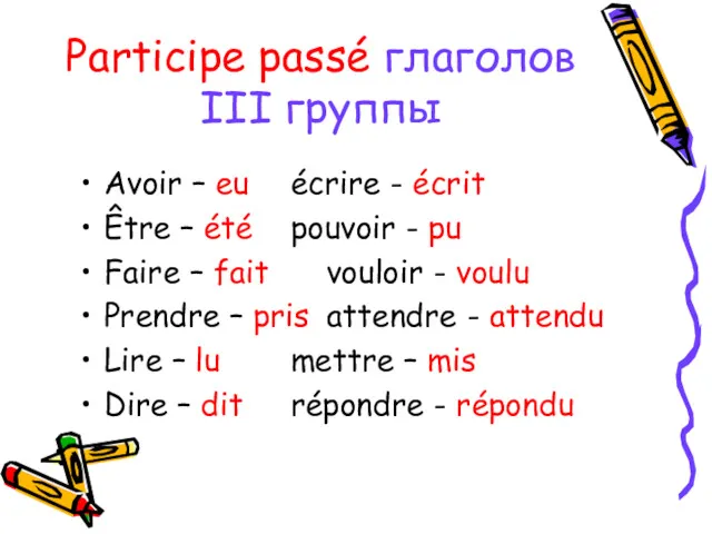 Participe passé глаголов III группы Avoir – eu écrire - écrit Être –