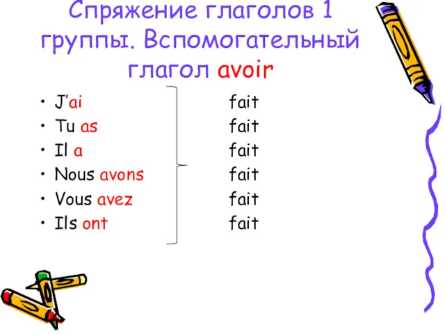 Спряжение глаголов 1 группы. Вспомогательный глагол avoir J’ai Tu as