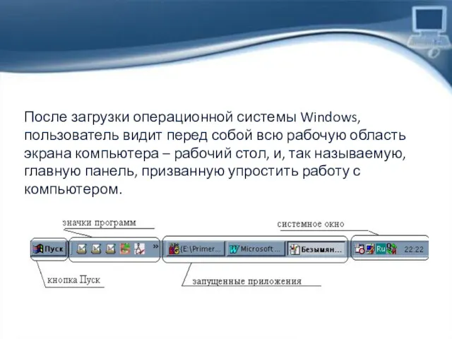 После загрузки операционной системы Windows, пользователь видит перед собой всю рабочую область экрана