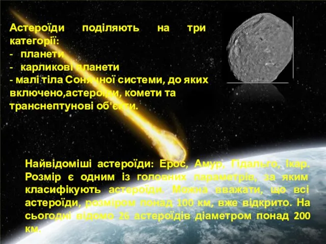 Найвідоміші астероїди: Ерос, Амур, Гідальго, Ікар. Розмір є одним із