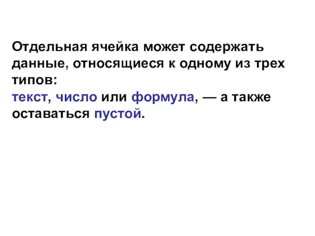 Отдельная ячейка может содержать данные, относящиеся к одному из трех типов: текст, число