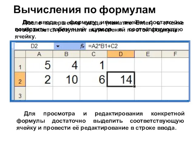 Вычисления по формулам Для ввода в формулу имени ячейки достаточно поместить табличный курсор