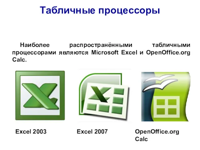 Табличные процессоры Наиболее распространёнными табличными процессорами являются Microsoft Excel и OpenOffice.org Calc. Excel