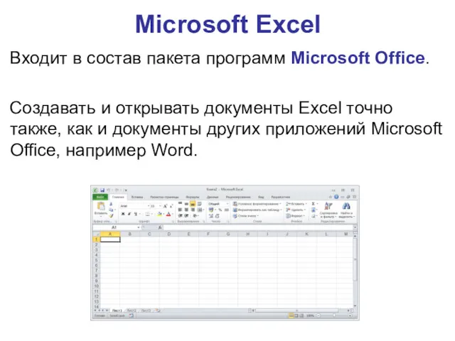 Microsoft Excel Входит в состав пакета программ Microsoft Office. Создавать и открывать документы