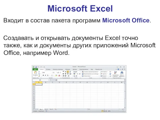 Microsoft Excel Входит в состав пакета программ Microsoft Office. Создавать