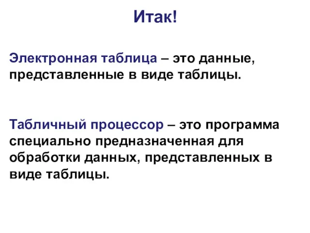 Электронная таблица – это данные, представленные в виде таблицы. Табличный процессор – это