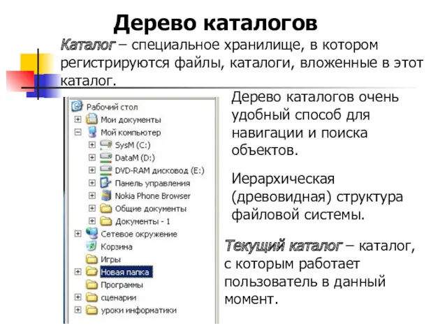 Каталог – специальное хранилище, в котором регистрируются файлы, каталоги, вложенные