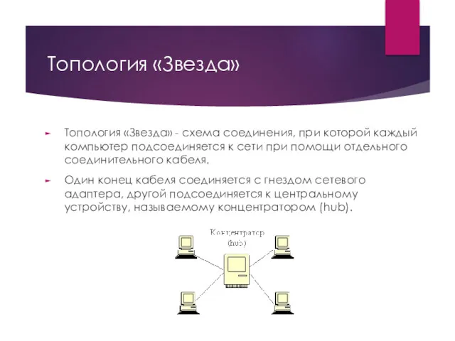 Топология «Звезда» Топология «Звезда» - схема соединения, при которой каждый