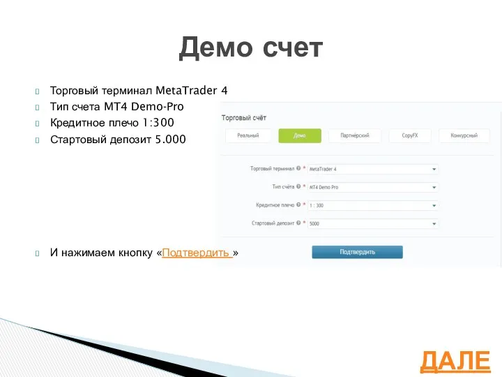 Торговый терминал MetaTrader 4 Тип счета MT4 Demo-Pro Кредитное плечо