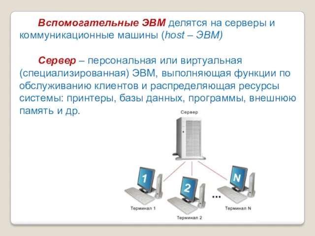 Вспомогательные ЭВМ делятся на серверы и коммуникационные машины (host – ЭВМ) Сервер –