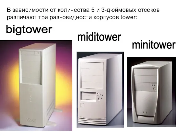 bigtower miditower minitower В зависимости от количества 5 и 3-дюймовых отсеков различают три разновидности корпусов tower: