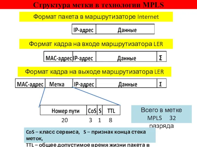 Структура метки в технологии MPLS Формат пакета в маршрутизаторе Internet