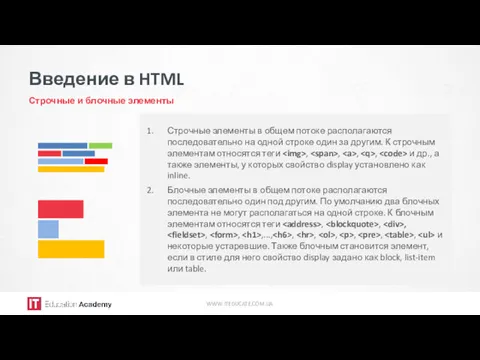 Введение в HTML Строчные и блочные элементы WWW.ITEDUCATE.COM.UA Строчные элементы