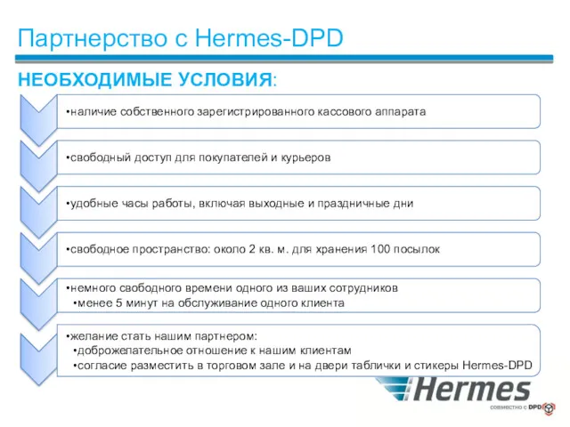 Партнерство с Hermes-DPD НЕОБХОДИМЫЕ УСЛОВИЯ: