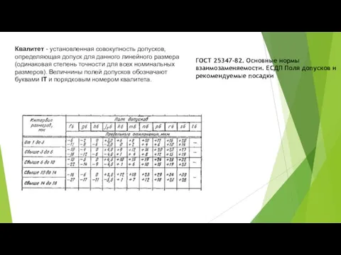 Квалитет - установленная совокупность допусков, определяющая допуск для данного линейного