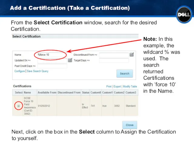 Add a Certification (Take a Certification) From the Select Certification