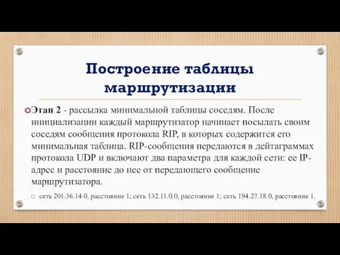 Построение таблицы маршрутизации Этап 2 - рассылка минимальной таблицы соседям.