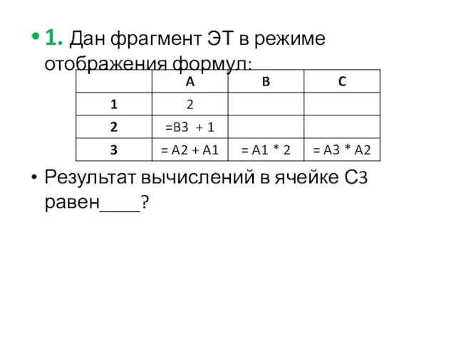 1. Дан фрагмент ЭТ в режиме отображения формул: Результат вычислений в ячейке С3 равен____?