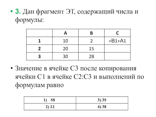 3. Дан фрагмент ЭТ, содержащий числа и формулы: Значение в ячейке С3 после