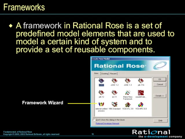 Frameworks A framework in Rational Rose is a set of predefined model elements