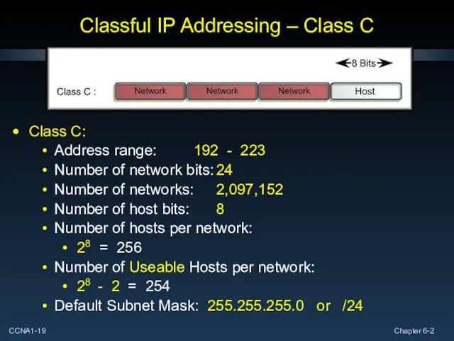 Classful IP Addressing – Class C Class C: Address range: 192 - 223