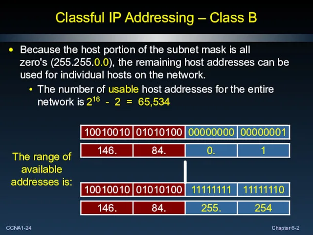 Classful IP Addressing – Class B Because the host portion of the subnet