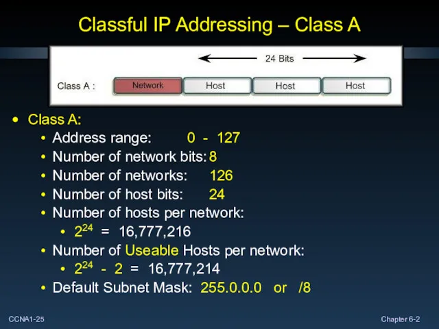 Classful IP Addressing – Class A Class A: Address range: 0 - 127
