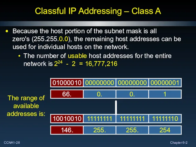 Classful IP Addressing – Class A Because the host portion of the subnet