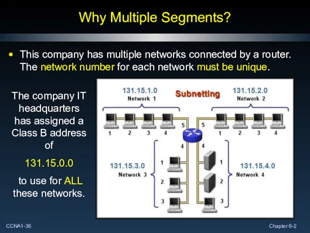 Why Multiple Segments? This company has multiple networks connected by a router. The