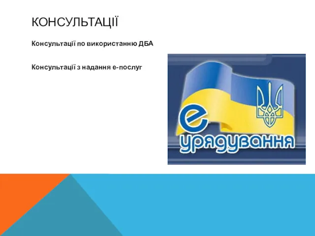 КОНСУЛЬТАЦІЇ Консультації по використанню ДБА Консультації з надання е-послуг