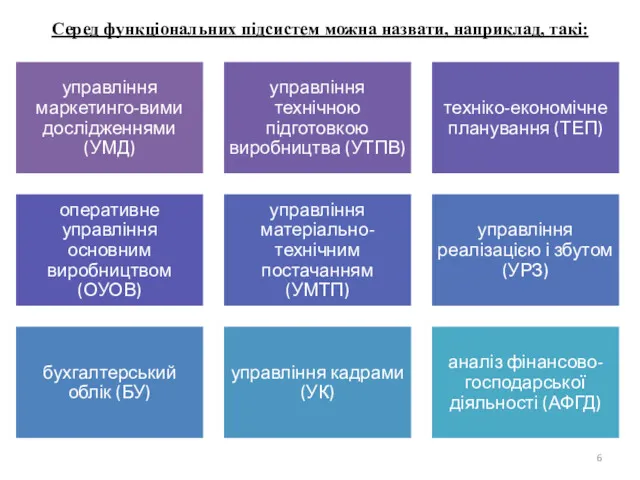 Серед функціональних підсистем можна назвати, наприклад, такі: