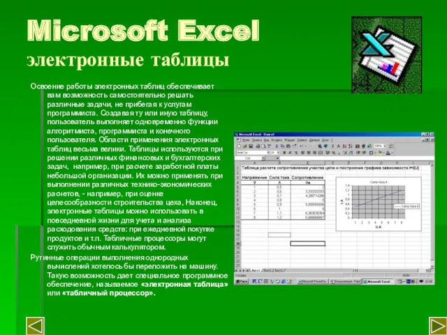Microsoft Excel электронные таблицы Освоение работы электронных таблиц обеспечивает вам