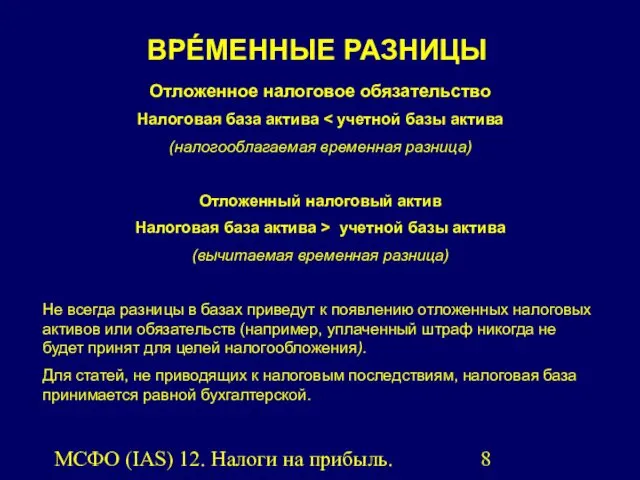 МСФО (IAS) 12. Налоги на прибыль. ВРÉМЕННЫЕ РАЗНИЦЫ Отложенное налоговое