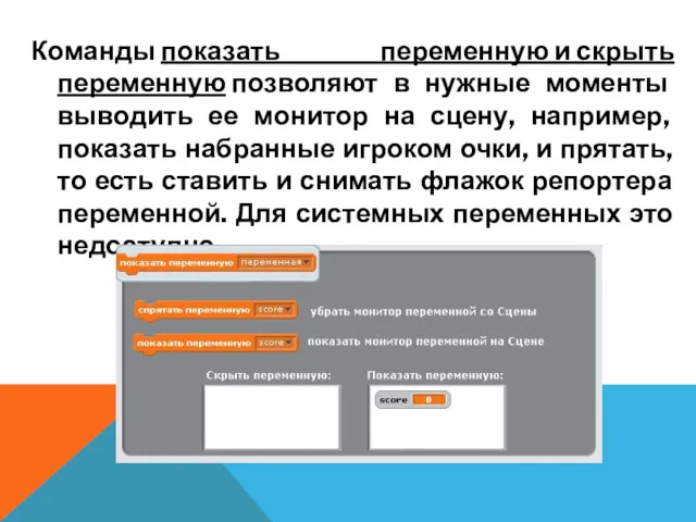 Команды показать переменную и скрыть переменную позволяют в нужные моменты