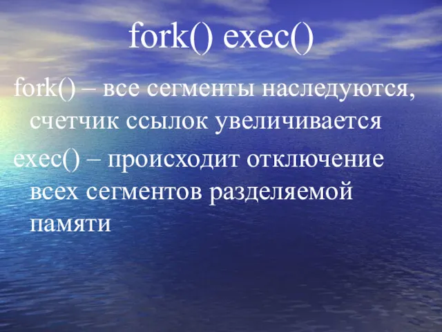 fork() exec() fork() – все сегменты наследуются, счетчик ссылок увеличивается