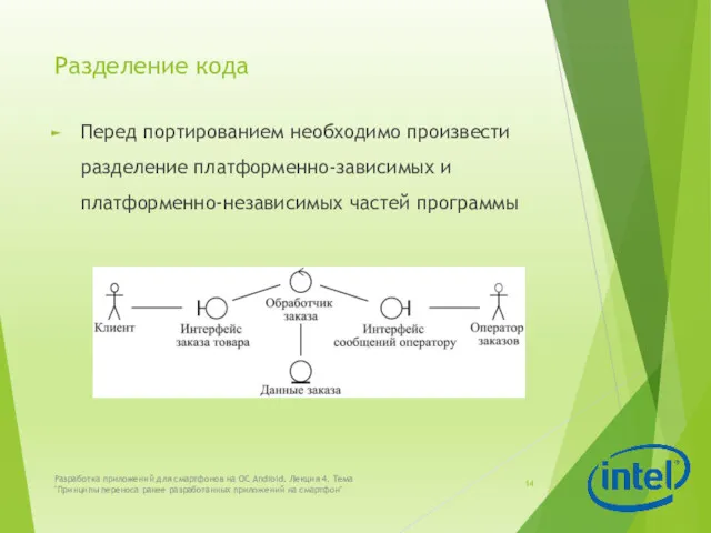 Разделение кода Перед портированием необходимо произвести разделение платформенно-зависимых и платформенно-независимых