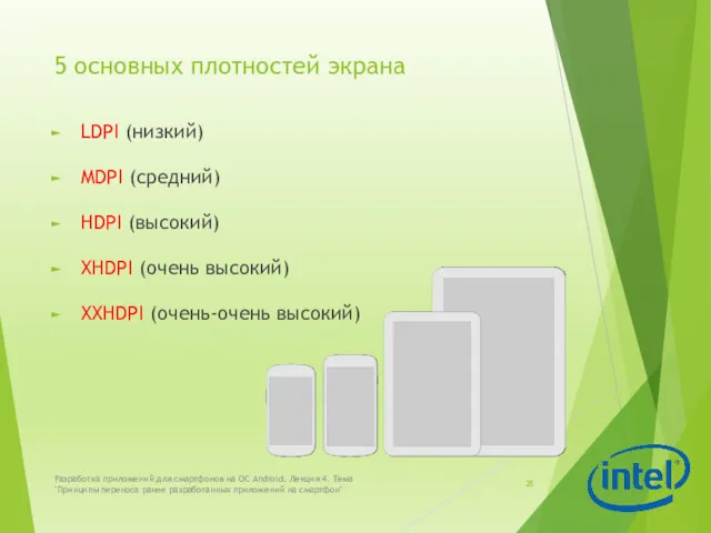 5 основных плотностей экрана LDPI (низкий) MDPI (средний) HDPI (высокий)