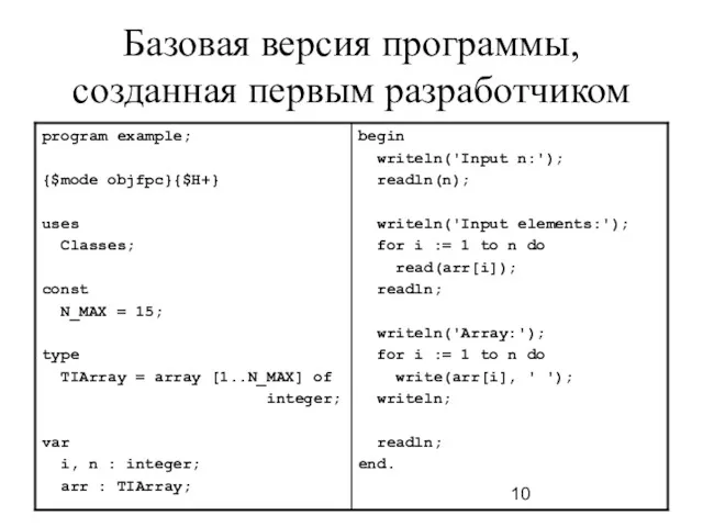 Базовая версия программы, созданная первым разработчиком