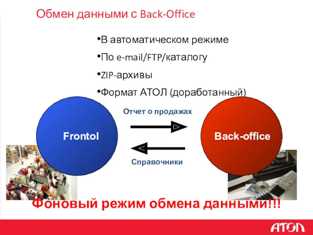 Обмен данными с Back-Office В автоматическом режиме По e-mail/FTP/каталогу ZIP-архивы