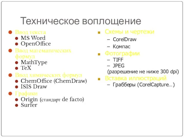 Техническое воплощение Ввод текста MS Word OpenOffice Ввод математических формул