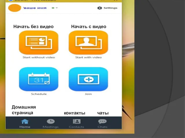 настройки Начать без видео Начать с видео Домашняя страница контакты чаты