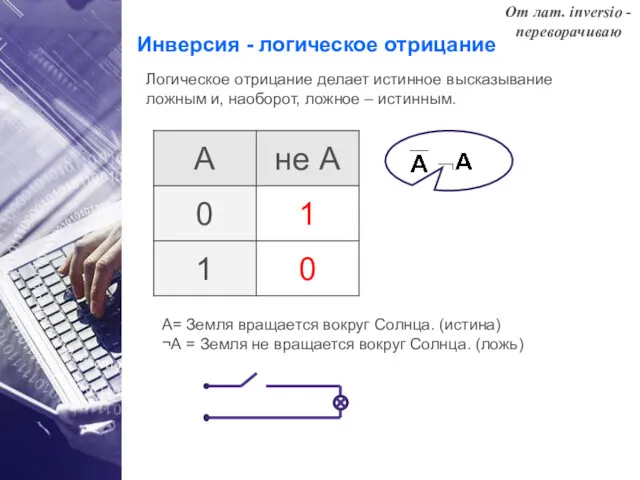 Инверсия - логическое отрицание Логическое отрицание делает истинное высказывание ложным и, наоборот, ложное