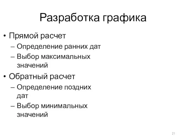 Разработка графика Прямой расчет Определение ранних дат Выбор максимальных значений