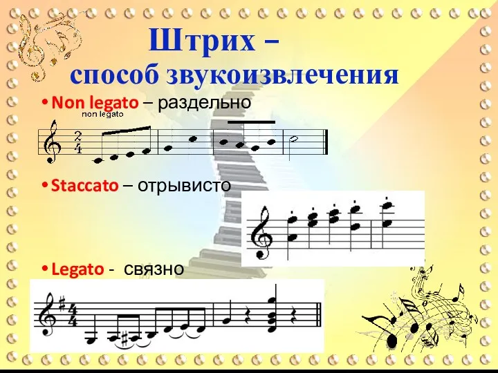 Штрих – способ звукоизвлечения Non legato – раздельно Staccato – отрывисто Legato - связно