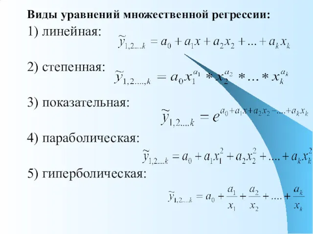 Виды уравнений множественной регрессии: 1) линейная: 2) степенная: 3) показательная: 4) параболическая: 5) гиперболическая: