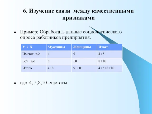 6. Изучение связи между качественными признаками Пример: Обработать данные социологического