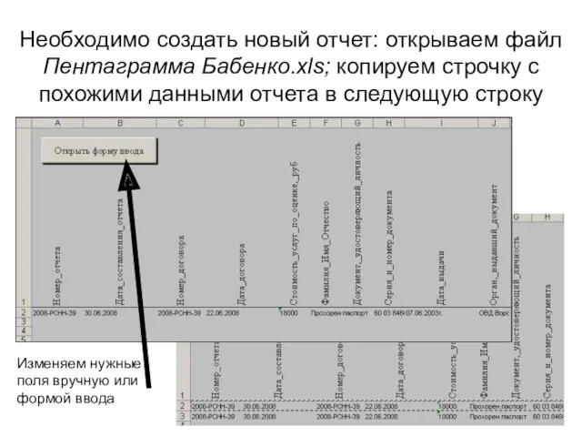 Необходимо создать новый отчет: открываем файл Пентаграмма Бабенко.xls; копируем строчку